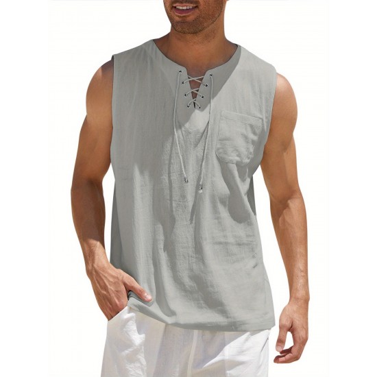 Men'S Cotton Linen Tank Top, Casual Sleeveless Lace Up Beach Hippie Tops, Bohemian Renaissance Pirate Tunic, Crew Neck, Printed Pattern, Non-Stretch Knit Fabric, Regular Fit, for Summer Sports Vest