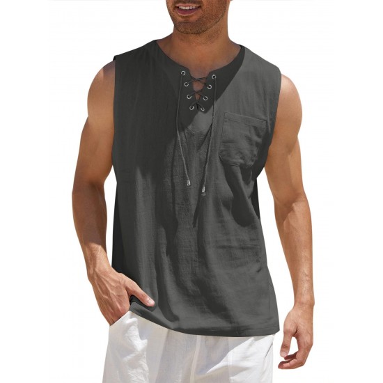 Men'S Cotton Linen Tank Top, Casual Sleeveless Lace Up Beach Hippie Tops, Bohemian Renaissance Pirate Tunic, Crew Neck, Printed Pattern, Non-Stretch Knit Fabric, Regular Fit, for Summer Sports Vest