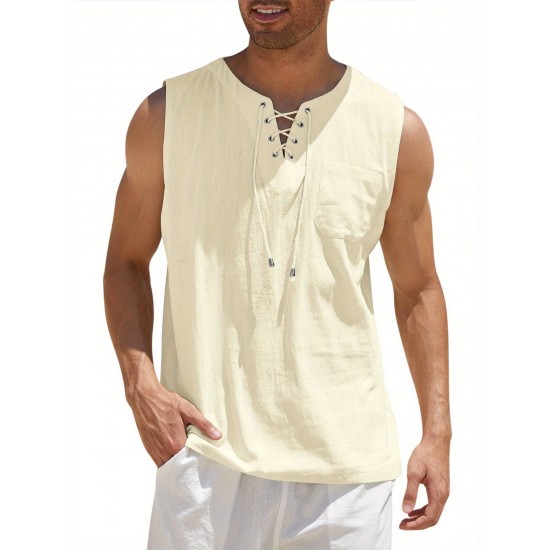 Men'S Cotton Linen Tank Top, Casual Sleeveless Lace Up Beach Hippie Tops, Bohemian Renaissance Pirate Tunic, Crew Neck, Printed Pattern, Non-Stretch Knit Fabric, Regular Fit, for Summer Sports Vest