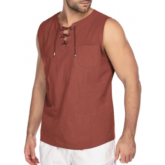 Men'S Cotton Linen Tank Top, Casual Sleeveless Lace Up Beach Hippie Tops, Bohemian Renaissance Pirate Tunic, Crew Neck, Printed Pattern, Non-Stretch Knit Fabric, Regular Fit, for Summer Sports Vest