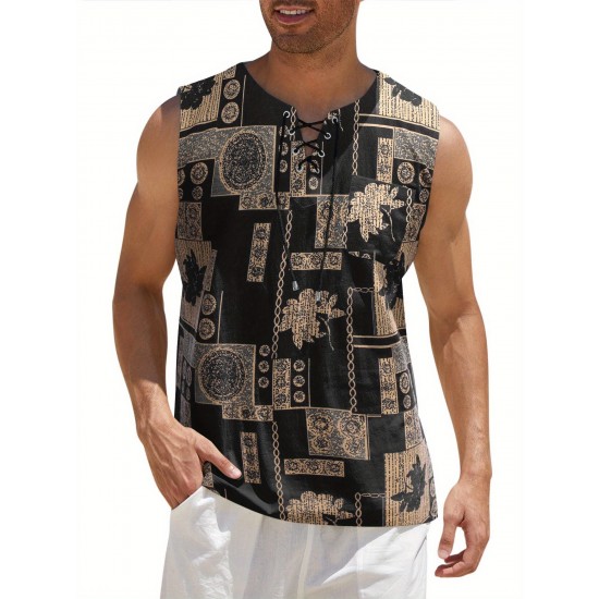 Men'S Cotton Linen Tank Top, Casual Sleeveless Lace Up Beach Hippie Tops, Bohemian Renaissance Pirate Tunic, Crew Neck, Printed Pattern, Non-Stretch Knit Fabric, Regular Fit, for Summer Sports Vest