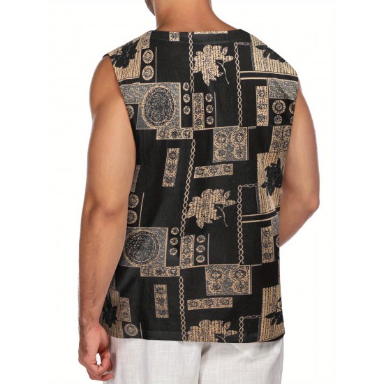 Men'S Cotton Linen Tank Top, Casual Sleeveless Lace Up Beach Hippie Tops, Bohemian Renaissance Pirate Tunic, Crew Neck, Printed Pattern, Non-Stretch Knit Fabric, Regular Fit, for Summer Sports Vest