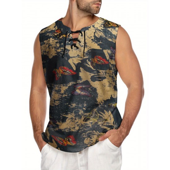 Men'S Cotton Linen Tank Top, Casual Sleeveless Lace Up Beach Hippie Tops, Bohemian Renaissance Pirate Tunic, Crew Neck, Printed Pattern, Non-Stretch Knit Fabric, Regular Fit, for Summer Sports Vest