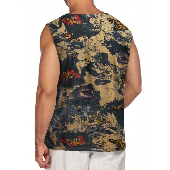 Men'S Cotton Linen Tank Top, Casual Sleeveless Lace Up Beach Hippie Tops, Bohemian Renaissance Pirate Tunic, Crew Neck, Printed Pattern, Non-Stretch Knit Fabric, Regular Fit, for Summer Sports Vest