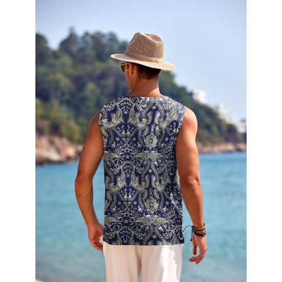 Men'S Cotton Linen Tank Top, Casual Sleeveless Lace Up Beach Hippie Tops, Bohemian Renaissance Pirate Tunic, Crew Neck, Printed Pattern, Non-Stretch Knit Fabric, Regular Fit, for Summer Sports Vest