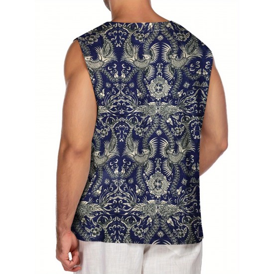 Men'S Cotton Linen Tank Top, Casual Sleeveless Lace Up Beach Hippie Tops, Bohemian Renaissance Pirate Tunic, Crew Neck, Printed Pattern, Non-Stretch Knit Fabric, Regular Fit, for Summer Sports Vest