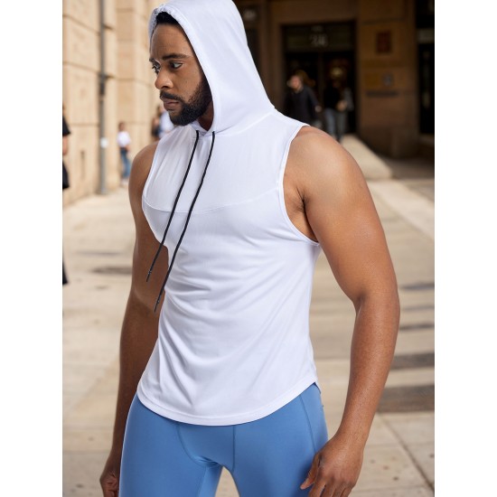 Men'S Vest Quick-Drying Sports Sleeveless Fitness Wear Basketball Vest Mesh Hooded with Drawstring