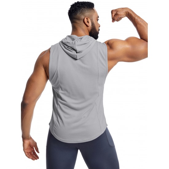 Men'S Vest Quick-Drying Sports Sleeveless Fitness Wear Basketball Vest Mesh Hooded with Drawstring