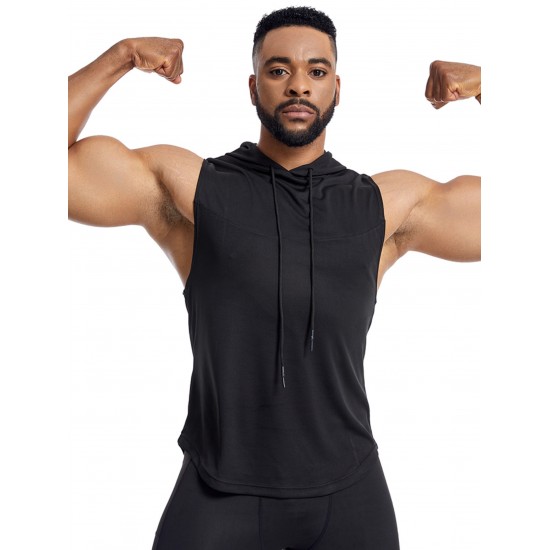 Men'S Vest Quick-Drying Sports Sleeveless Fitness Wear Basketball Vest Mesh Hooded with Drawstring