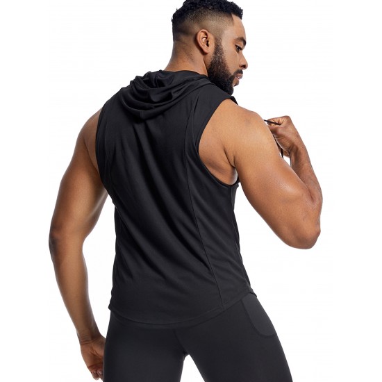 Men'S Vest Quick-Drying Sports Sleeveless Fitness Wear Basketball Vest Mesh Hooded with Drawstring