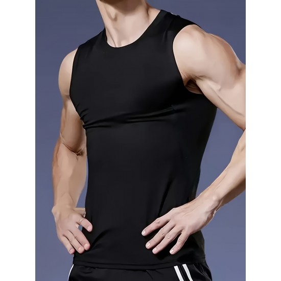 High Stretch Quick Dry Men's Solid Tank Top, Active Crew Neck Sleeveless Top for Summer Outdoor