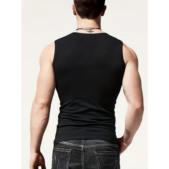 High Stretch Quick Dry Men's Solid Tank Top, Active Crew Neck Sleeveless Top for Summer Outdoor