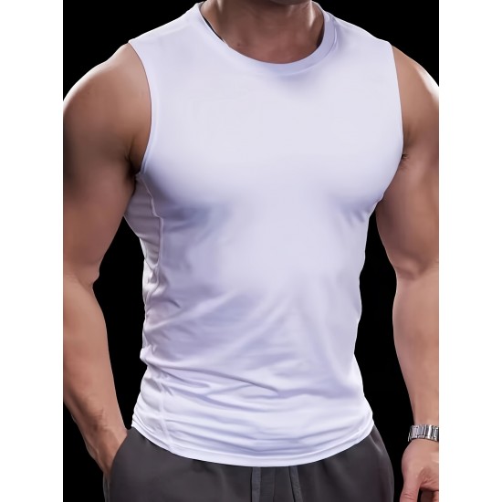 High Stretch Quick Dry Men's Solid Tank Top, Active Crew Neck Sleeveless Top for Summer Outdoor