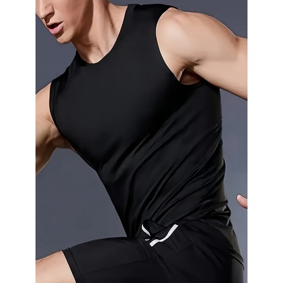 High Stretch Quick Dry Men's Solid Tank Top, Active Crew Neck Sleeveless Top for Summer Outdoor