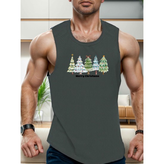 1pc Men'S Casual Christmas Tree Print Sleeveless Tank Top, Polyester Knit Round Neck Vest for Summer, Regular Fit Adult Tank