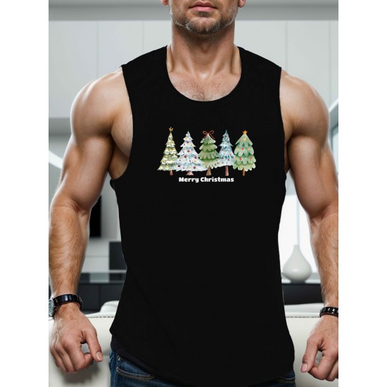 1pc Men'S Casual Christmas Tree Print Sleeveless Tank Top, Polyester Knit Round Neck Vest for Summer, Regular Fit Adult Tank