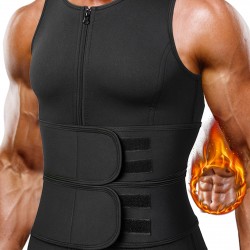 1pc Men'S High Stretch Polyester Waist Trainer Vest - Knit Fabric Crew Neck Sleeveless Tank Top with Zipper and Adjustable Belt for Sports, Sauna, Compression, Shapewear, Fat Burner Workout