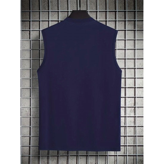 Men's Summer Fashion Tank Top - Casual Round Neck, Stretchy Polyester & Spandex Blend, Breathable Sleeveless Shirt with Trendy Paris Print, Perfect for Gym & Sports, Non-Transparent