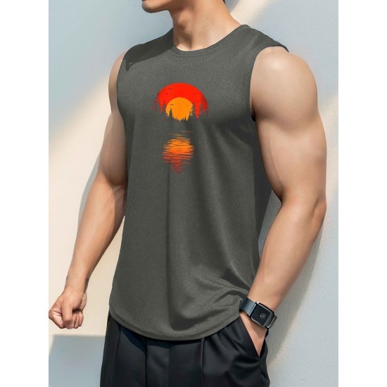 Men'S Casual Crew Neck Tank Top, 100% Polyester Knit Fabric, Regular Fit, Geometric Sunset Pattern, Slight Stretch, for Summer Sleeveless Shirt