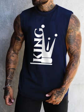 Men's Casual Printed Tank Top - Stretchy Polyester Blend, Round Neck, Non-Transparent - Perfect for Fitness & Casual Attire