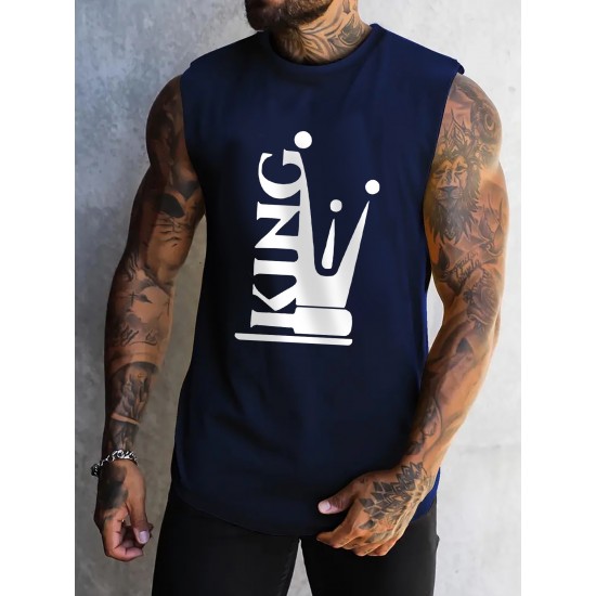 Men's Casual Printed Tank Top - Stretchy Polyester Blend, Round Neck, Non-Transparent - Perfect for Fitness & Casual Attire