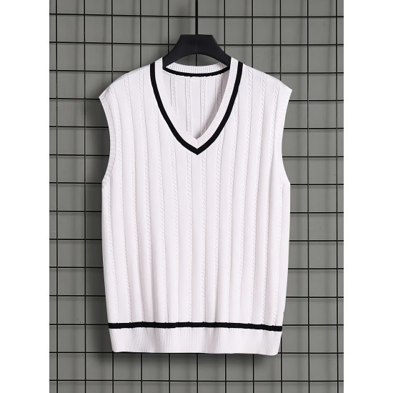 Men's Breathable V-neck Sleeveless Knitted Vest For Casual Daily Wear, Spring And Fall