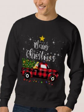 Men'S Plus Size Christmas Sweatshirt, Retro Checkered Tree Car Jacquard, Cotton, Casual Round Neck Long Sleeve, Breathable Lightweight, Soft Washed Top, S-XL