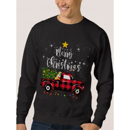 Men'S Plus Size Christmas Sweatshirt, Retro Checkered Tree Car Jacquard, Cotton, Casual Round Neck Long Sleeve, Breathable Lightweight, Soft Washed Top, S-XL