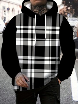 Men's Plus Size Hoodie with Plaid Print - Casual Pullover, Polyester Blend, Machine Washable, PLUS SIZE