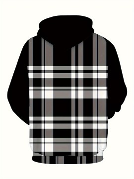 Men's Plus Size Hoodie with Plaid Print - Casual Pullover, Polyester Blend, Machine Washable, PLUS SIZE