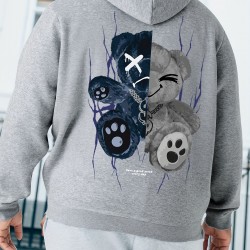 Men's Plus Size Casual Hoodie with Geometric Bear Design - Polyester, Machine Washable, Faux Pocket Detail, PLUS SIZE