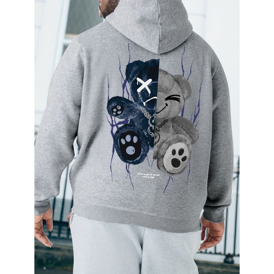 Men's Plus Size Casual Hoodie with Geometric Bear Design - Polyester, Machine Washable, Faux Pocket Detail, PLUS SIZE