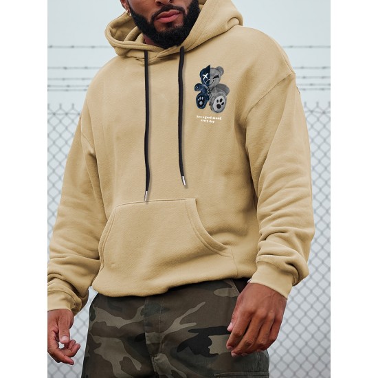 Men's Plus Size Casual Hoodie with Geometric Bear Design - Polyester, Machine Washable, Faux Pocket Detail, PLUS SIZE