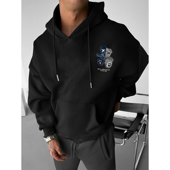 Men's Plus Size Casual Hoodie with Geometric Bear Design - Polyester, Machine Washable, Faux Pocket Detail, PLUS SIZE