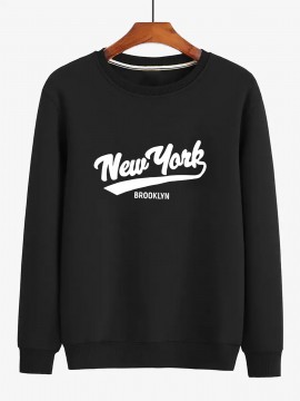 1pc New York Brooklyn Casual Crew Neck Pullover - Geometric Pattern Cotton Blend Sweatshirt, Slight Stretch Knit Fabric, Regular Fit Long Sleeve Top for Men, Plus Size