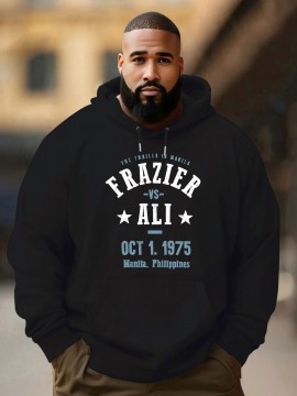 Men'S Plus Size Hoodie, Frazier vs Ali 1975 Print, Polyester Microfiber, Casual Sports Sweatshirt with Drawstring, Regular Fit, Knit Fabric, Autumn & Winter Fashion