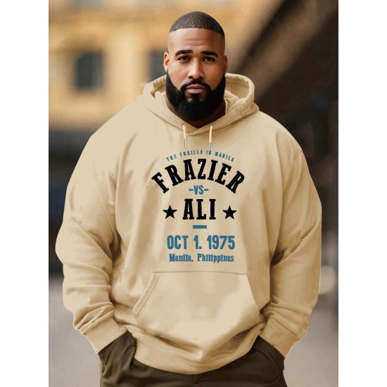 Men'S Plus Size Hoodie, Frazier vs Ali 1975 Print, Polyester Microfiber, Casual Sports Sweatshirt with Drawstring, Regular Fit, Knit Fabric, Autumn & Winter Fashion