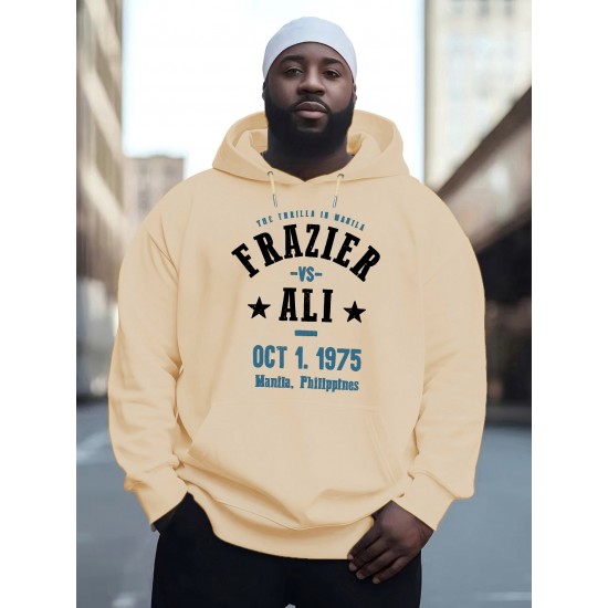 Men'S Plus Size Hoodie, Frazier vs Ali 1975 Print, Polyester Microfiber, Casual Sports Sweatshirt with Drawstring, Regular Fit, Knit Fabric, Autumn & Winter Fashion