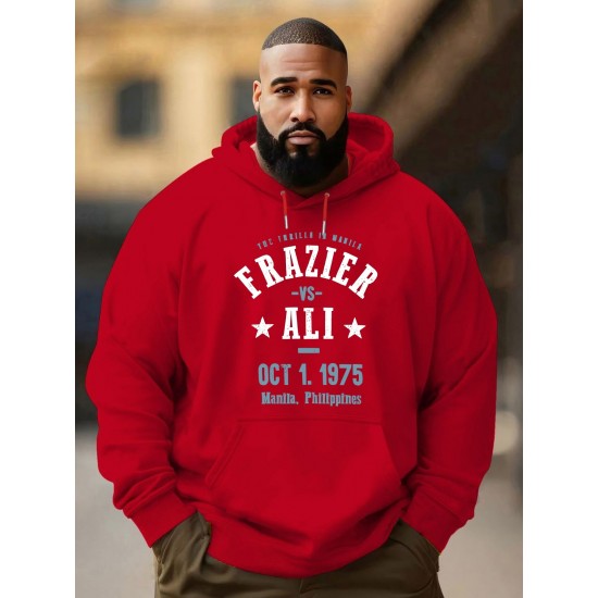 Men'S Plus Size Hoodie, Frazier vs Ali 1975 Print, Polyester Microfiber, Casual Sports Sweatshirt with Drawstring, Regular Fit, Knit Fabric, Autumn & Winter Fashion