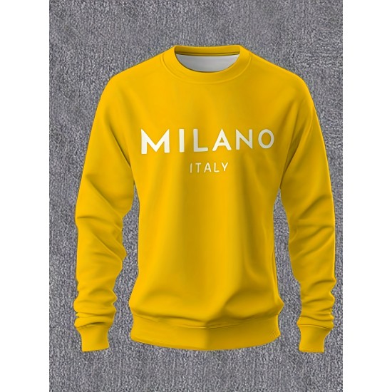 Men's Milan Italy Print Crew Neck Sweatshirt - Casual & Sporty Long Sleeve Pullover, Perfect for Outdoor Activities, PLUS SIZE