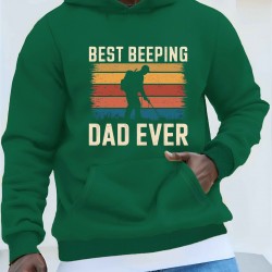 1pc Best Beeping Dad Ever Casual Plus Size Hoodie, Geometric Pattern, Polyester Knit Fabric, Loose Fit, Hooded Sweatshirt for Men