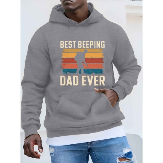 1pc Best Beeping Dad Ever Casual Plus Size Hoodie, Geometric Pattern, Polyester Knit Fabric, Loose Fit, Hooded Sweatshirt for Men