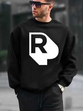 Men's Casual Fleece-Lined Sweatshirt with Geometric Print - Cotton Blend, Round Neck Pullover for Fall & Winter, PLUS SIZE