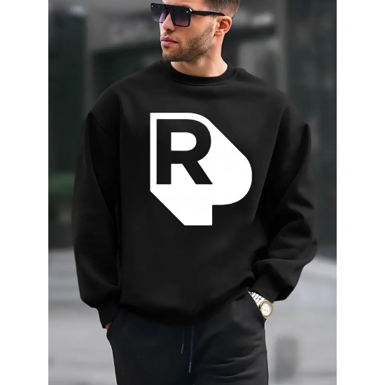 Men's Casual Fleece-Lined Sweatshirt with Geometric Print - Cotton Blend, Round Neck Pullover for Fall & Winter, PLUS SIZE