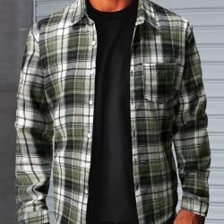 1pc Men'S Plus Size Casual Plaid Button-Down Long Sleeve Shirt with Pocket, Polyester Twill Weave, Regular Fit, Spring/Autumn Fashion