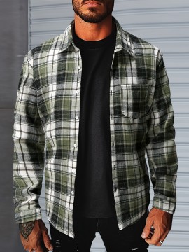 1pc Men'S Plus Size Casual Plaid Button-Down Long Sleeve Shirt with Pocket, Polyester Twill Weave, Regular Fit, Spring/Autumn Fashion