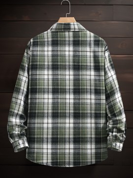 1pc Men'S Plus Size Casual Plaid Button-Down Long Sleeve Shirt with Pocket, Polyester Twill Weave, Regular Fit, Spring/Autumn Fashion