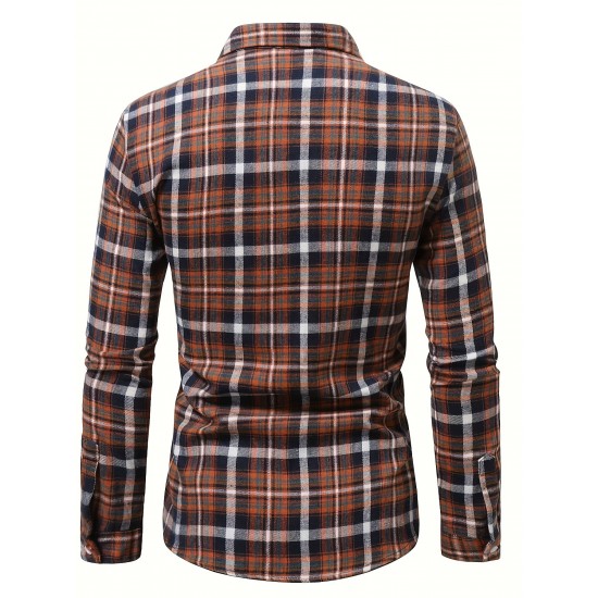 Plus Size Men's Plaid/Striped Shirt Spring Fall Winter Long Sleeve Shirt, Men's Clothing