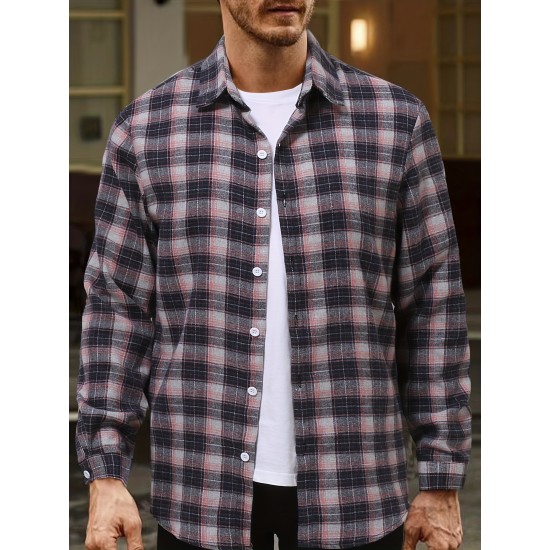 Plus Size Men's Plaid/Striped Shirt Spring Fall Winter Long Sleeve Shirt, Men's Clothing