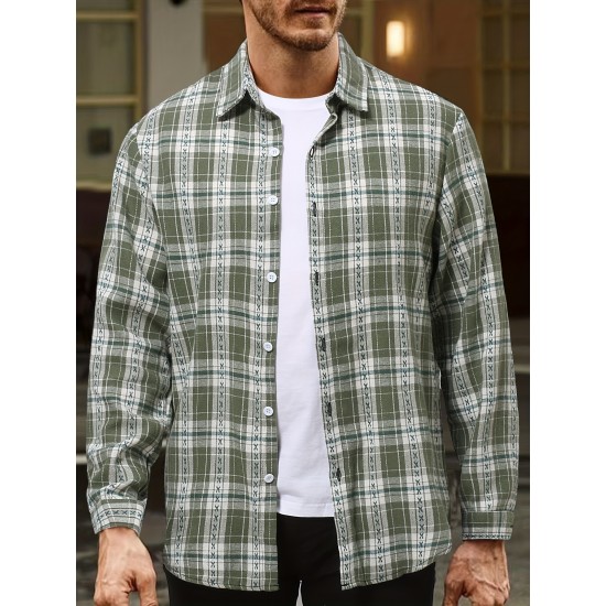 Plus Size Men's Plaid/Striped Shirt Spring Fall Winter Long Sleeve Shirt, Men's Clothing